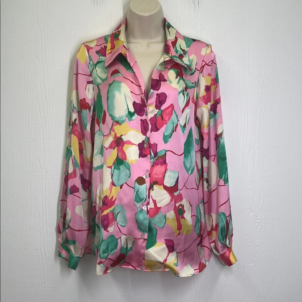 Zara - Bright Colorful Floral Satin Effect Button Down Long Sleeve Blouse Size S - Picture 2 of 9